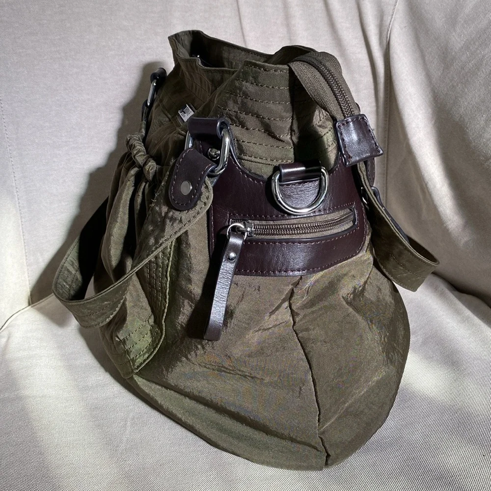 Bonnie Collection Olive Green Large Canvas Bucket Tote Bag w/Brown Leather Trim